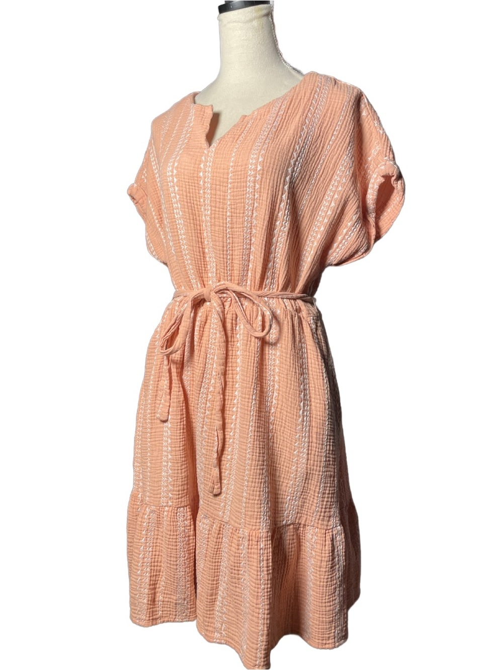 Berkley Jensen Peach Textured Embroidered Tie-Waist Women’s Dress (Size: XL)